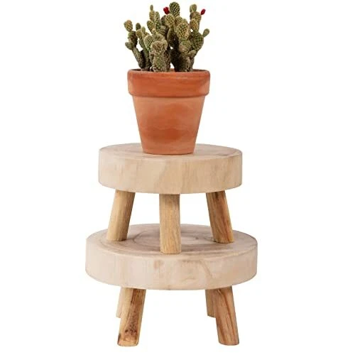Pack of 2 Mini Wooden Stool Display Stand- Round Decorative Flower Sh...