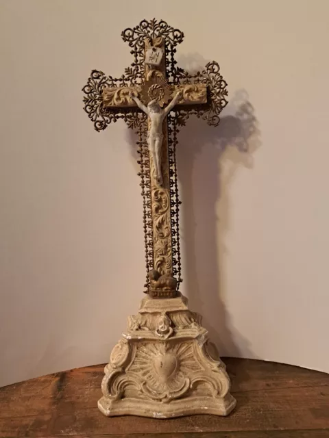 Antique Altar Chapel Standing Gild Wood Filigree Cross Crucifix Bisque Corpus