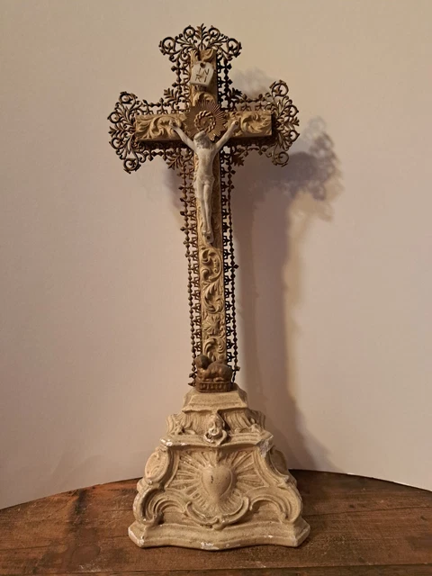 Antique Altar Chapel Standing Gild Wood Filigree Cross Crucifix Bisque Corpus