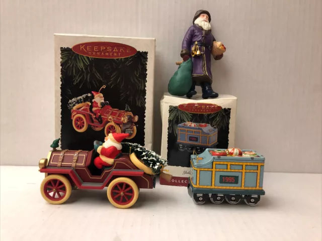Lot 3 Vintage Hallmark Keepsake 1995 Ornaments- Santa, Train, Roadster -2 Boxes
