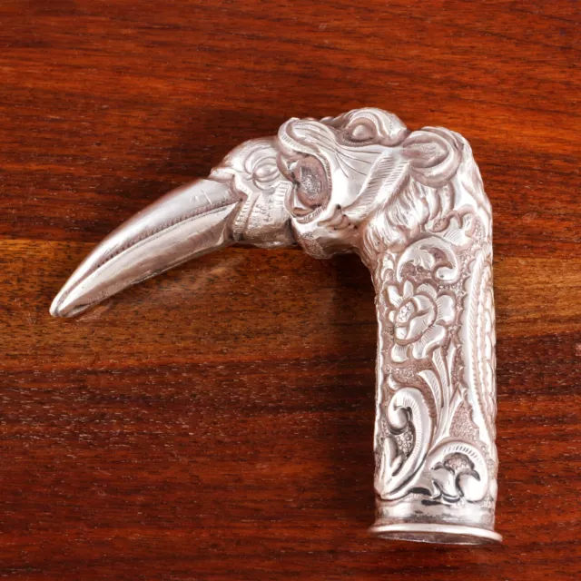 Exotic Asian Solid Silver Cane Handle Ornate Hand Chased Repousse Tiger,Bird