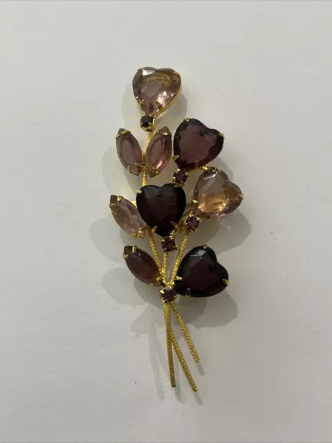 Mid Century Prong Set Purple Faceted Glass And Rhinestone Heart Brooch