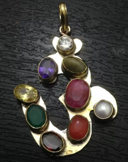 Om Aum Navratna Navratan  Navaratna Nine 9 Gem Stone Pendant Charm Ashtadhatu