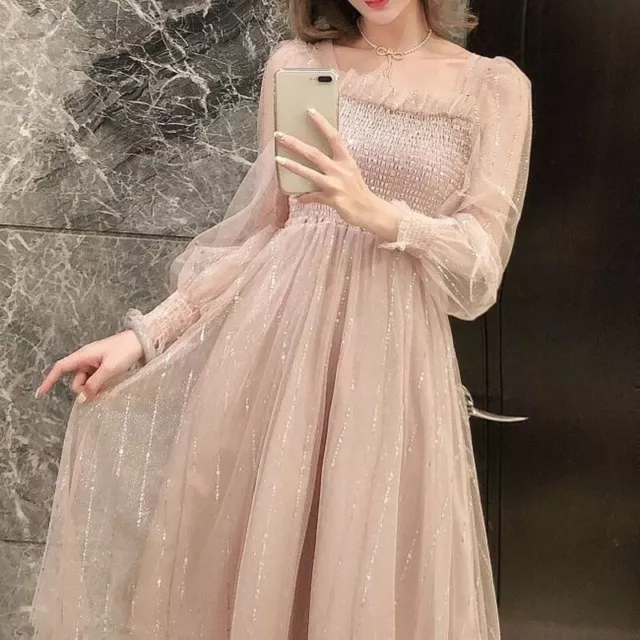 Donna a Righe Rete Midi Abito Puff Maniche a Balze Paillettes Fiocco Rétro Fairy