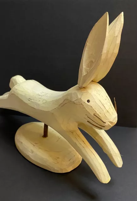 SALE- Folk Art Style Jumping Rabbit Wood Carved Pedestal Sculpture 8.5"x 10"