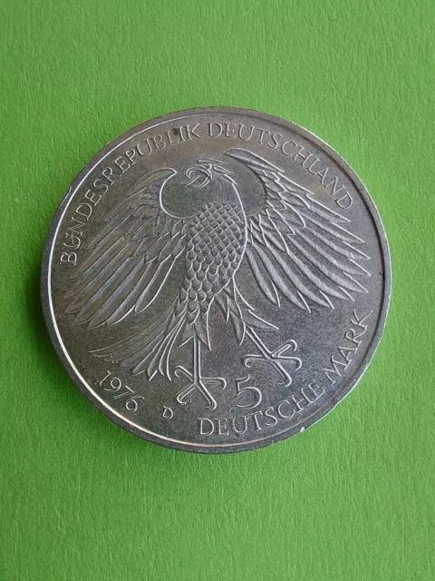 GERMANY SILVER 5 MARK 1976D UNC 300th ANNIVERSARY DEATH VON GRIMMELSHAUSEN