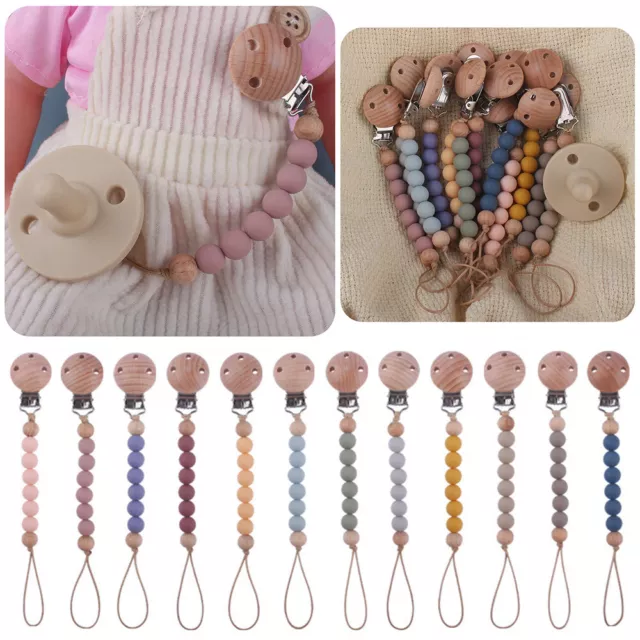 Baby Dummy Clips Wooden Nipple Clips Pacifier Soother Chain Silicone Beads