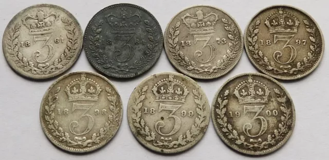 Lot of 7 Britain 3 Pence coins 1861/64/73/97/98/99, 1900, Seven British 3P coins