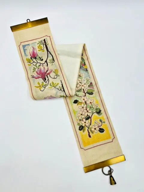 Long Floral Tapestry Wall Hanging Floral Design Brass Ends & Bell 108cm Vintage