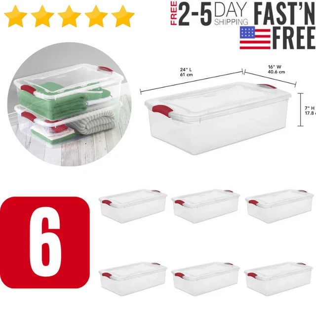 STERILITE 32 QT Clear Plastic Stackable Storage Box w/ Red Latch Lid