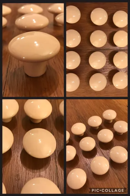 6 Knobs Ceramic Round Tan Beige Pedestal Mushroom Shape Cabinet Drawer Vintage