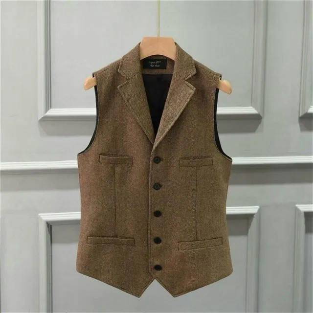 Hommes Tweed Gilet Revers à Chevrons Rétro Habillé Costume Haut Marron