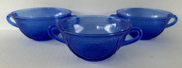 Hazel Atlas Royal Lace Cobalt Blue Handled Cream Soup Bowls (3) Depression Glass