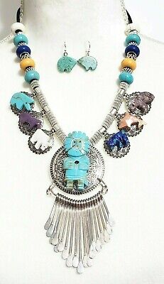 Carved Turquoise Indian Gemstone Animal Necklace Earrings One of a Kind