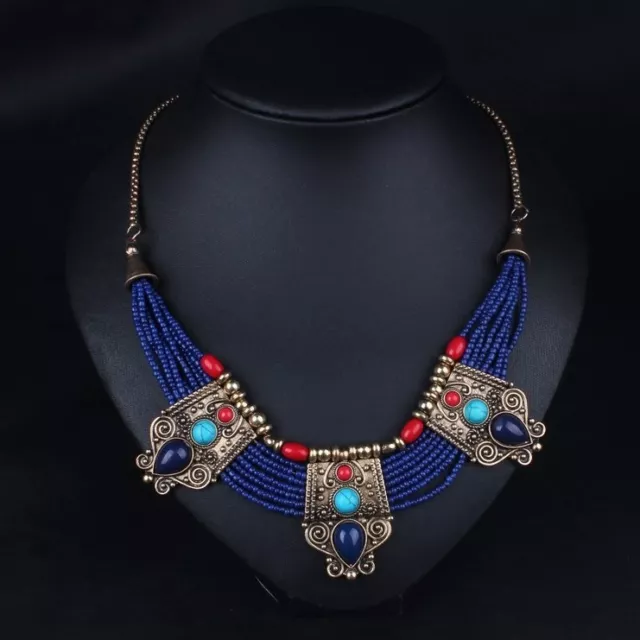 National style turquoise coral beads lapis lazuli stone Tibetan silver necklace