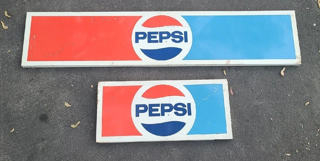 2 VINTAGE ADVERTISING  PEPSI COLA SODA RACK SIGN HEADER W / FLANGE  Shelf Topper
