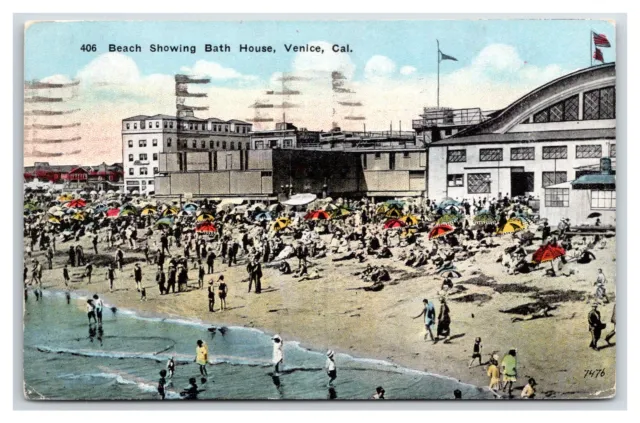1922 Venice Beach Bath House Umbrellas Swimmers California CA Los angeles