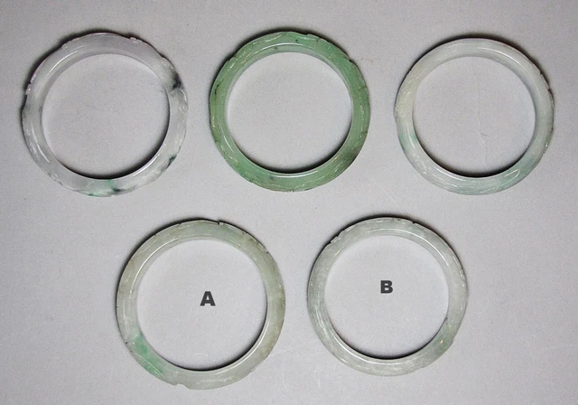 A Group of 5 Chinese High Relief Green/Icy White Jade Bangle Bracelets