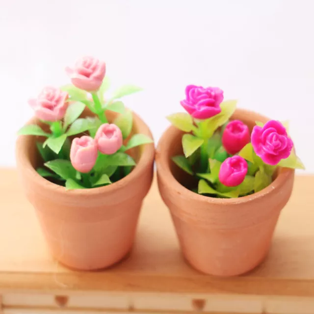 2PC 1/6 Scale Dollhouse Miniature Rose Plant Potted Flowers Pots Garden Decor