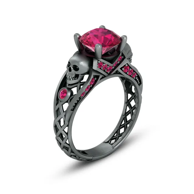 2.25cttw Lab Created Pin Ruby Mesh Skull Wedding Ring Silver Skull Ring Womens