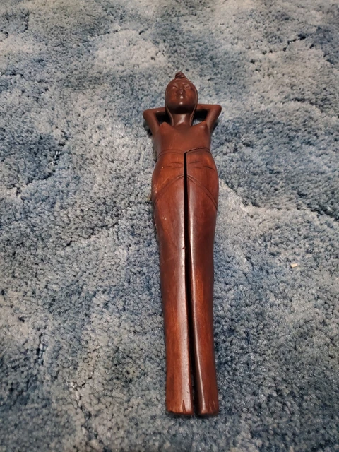 Vintage Wooden Risque Lady Nutcracker Carved Nude Woman 13" Darker Wood Barware