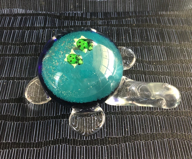 Hand Blown Art Glass Paperweight Blue Turquoise Sea Turtle with 2 Babies on Back