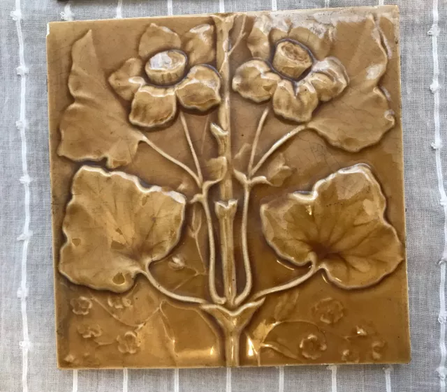 Antique 6"x6" Brown Glazed Minton's Tile China Works On Trent Floral Tiles
