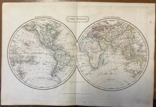 1827 Arrowsmith Antique Colored Lithographic 2-Hemispheres World Map