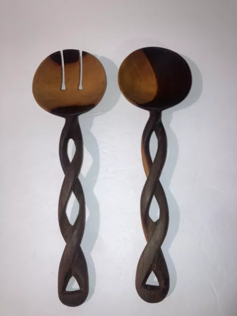 Salad Servers Hand Carved Wood Fork and Spoon Two Tone Wood Twisted Handles