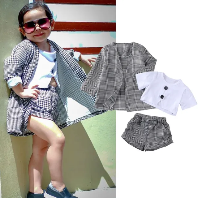 Toddler Baby Girls Kid Plaid Coat Tops+T-shirt+Shorts Formal Outfit Clothes Set
