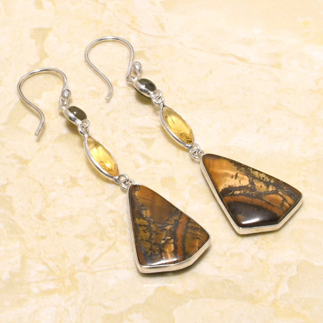 Tiger Eye, Citrine Gemstone Handmade Gift Jewelry Earring 2.59" u460