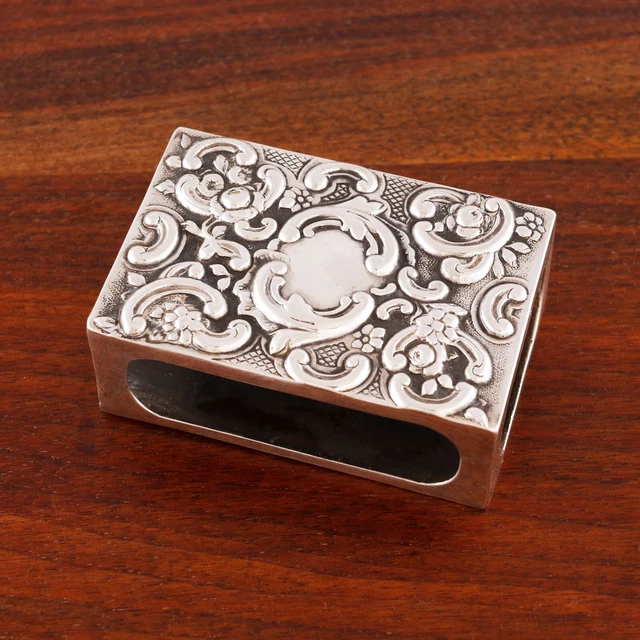 Large William Comyns English Sterling Silver Match Box Cover Floral & Scroll