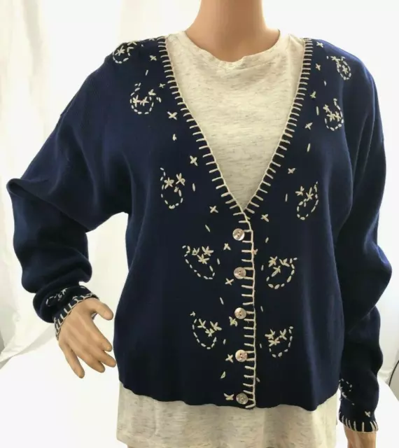 Women's Karen Kane Navy Blue Cardigan Sweater w/Beige Design Stitch Size Small