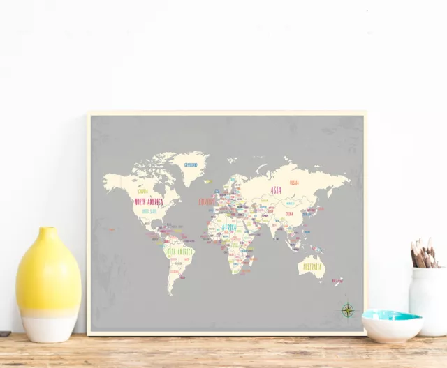 World Map Wall Art Print in Grey 24x18, Travel Map, Gender Neutral Nursery Decor