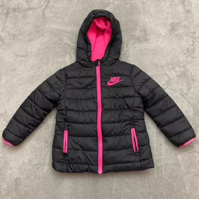 Girls Nike Black And Pink Puffer Jacket Size 3T Full Zip Hooded Coat