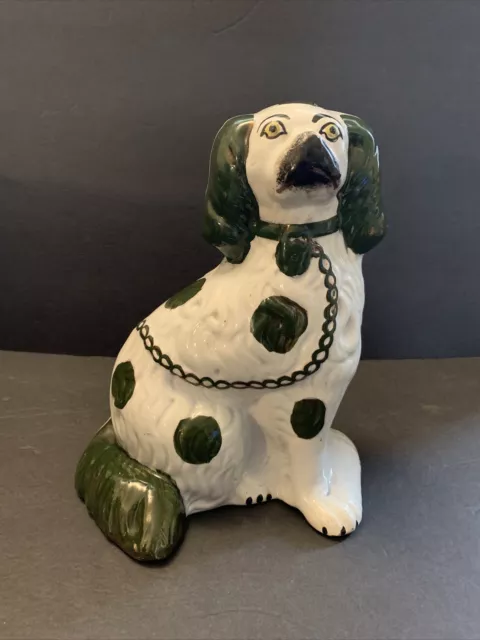 Staffordshire ANTIQUE WHITE GREEN KING CHARLES SPANIEL DOG FIGURINE 9 7/8”