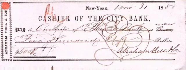 Abraham Bell & Son New York 1851 Cashier of the City Bank Check