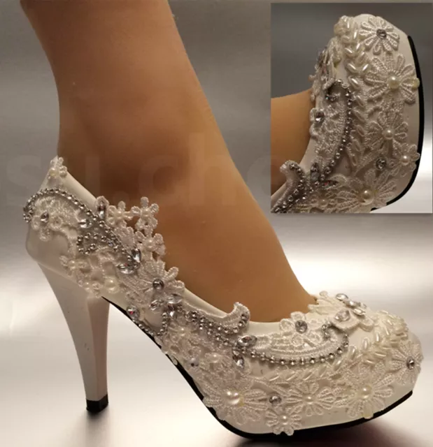 Su.cheny - 3 "/ 4 " Blanc Clair Dentelle Ivoire Cristal Mariage Chaussures à