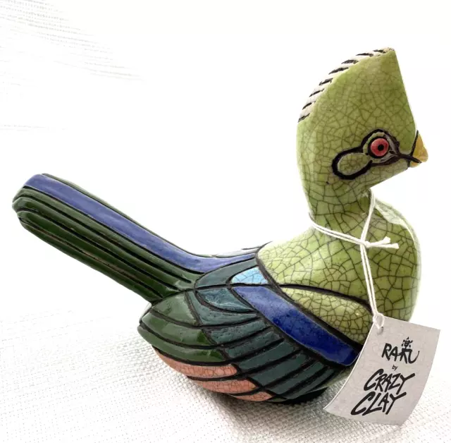 Raku Handmade Bird Crazy Clay Studio So. Africa Gerhard de Beer Signed 7" Long