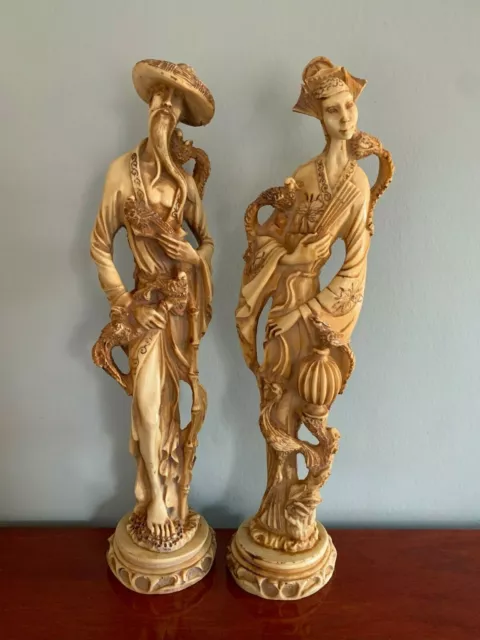 Vintage Resin Oriental Handmade Chinese Man And Woman Sculptures/ Figurines