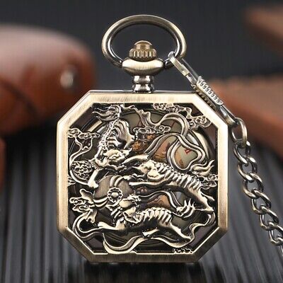 Mens Skeleton Hand Winding Double Tiger Retro Mechanical Pocket Watch with Chain