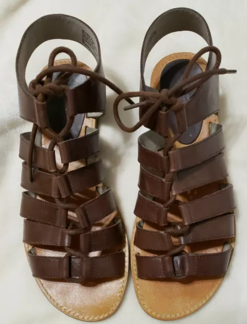 Hinge Roman Gladiator Strappy Lace-Up Flat Womens Sandal Brown Leather 8 3