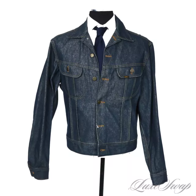 #1 MENSWEAR Vintage Lee Made in USA Rigid Raw Denim Indigo Trucker Jacket Coat