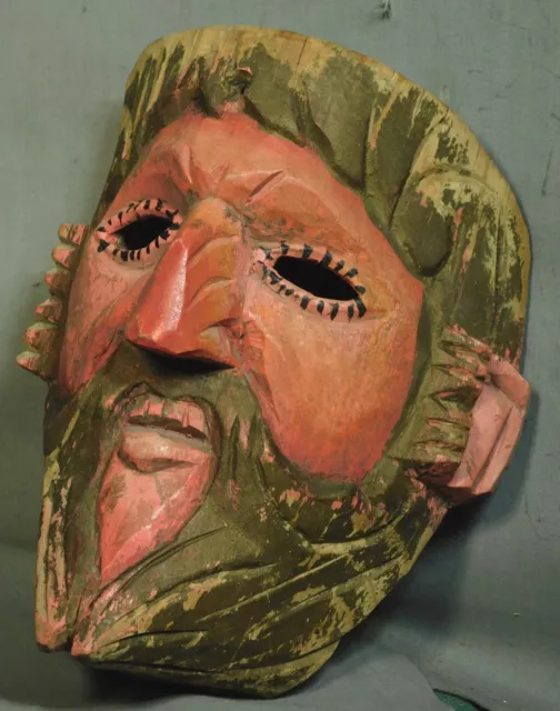 Vintage 1960's Hand Carved Wood Mexican Festival Mask ORIGINAL Worn Paint Man