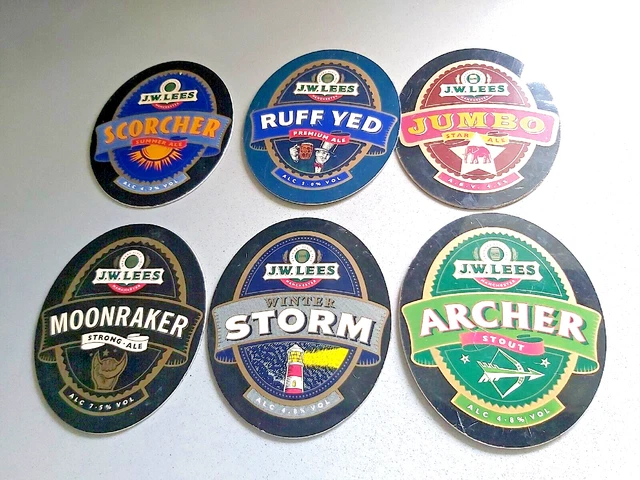 6x USED beer PUMP CLIP FRONT -J.W.LEES BREWERY moonraker  SCORCHER SUMMER ALE
