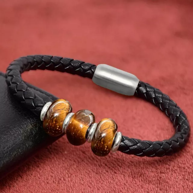 Bracelet en Cuir & Perle Noire pour Femme