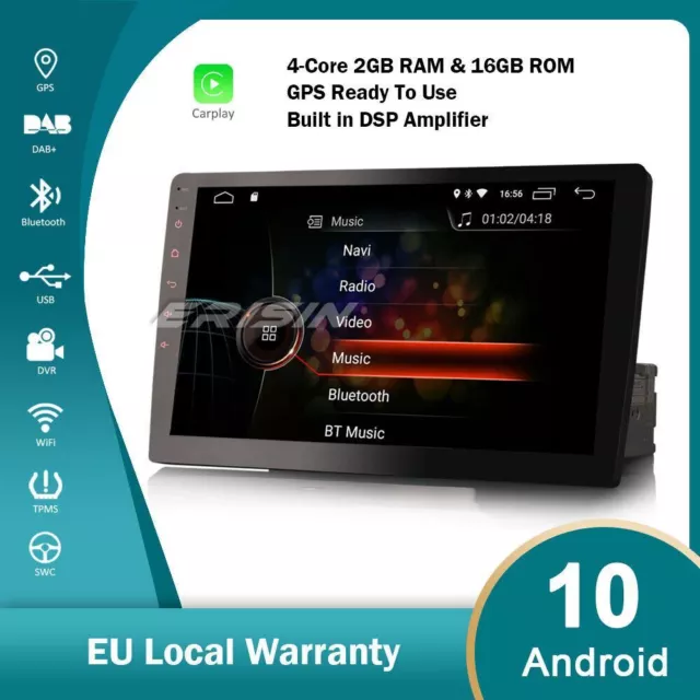 Detachable Autoradio CarPlay 1 Din 10.1" DAB+ Android 10 GPS Bluetooth TNT WiFi