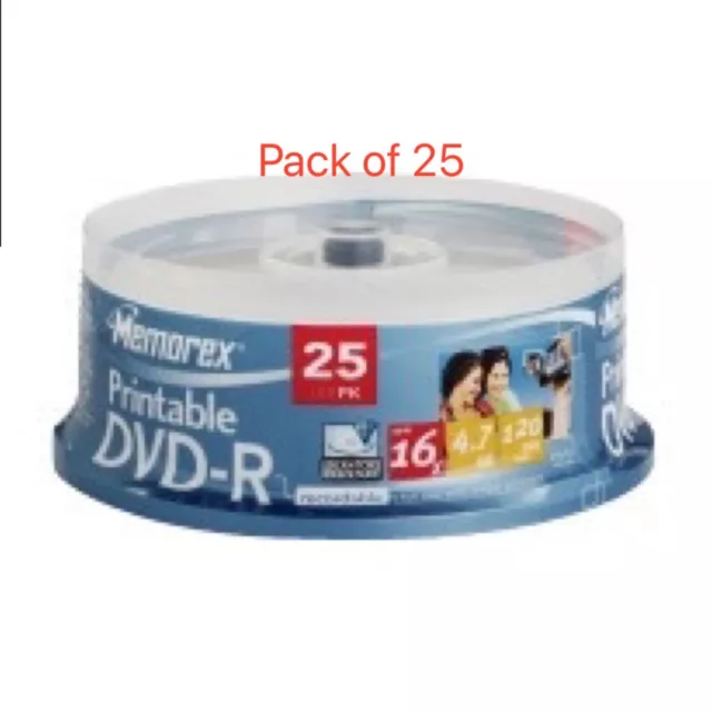 Memorex DVD-R 16X 4.7GB Blank Printable Dvd Disc 25 Pack Spindle