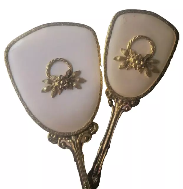 VTG Brass Vanity Brush and Mirror Set Dresser Flowers Florals Motif Retro Bed