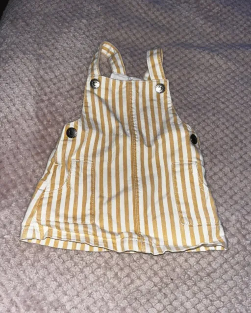 Girls F&F Mustard And White Striped denim pinafore/dungaree dress age 3-6 Months